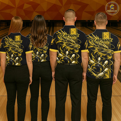 Personalized Black And Yellow Dragon Bowling Shirts For Men, Dragon Bowling Team Shirts NBT1075