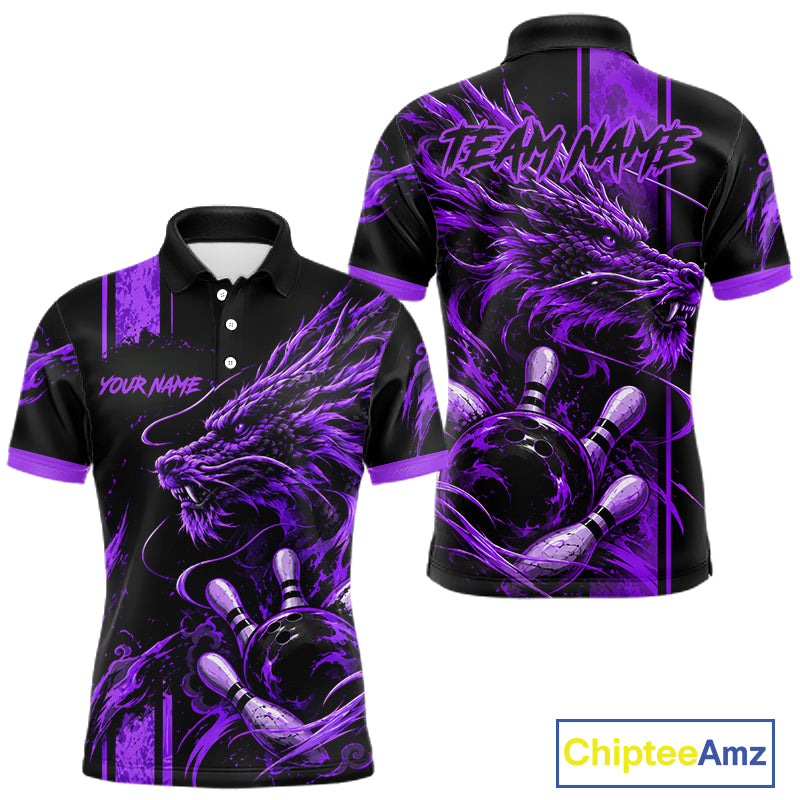 Personalized Black And Purple Dragon Bowling Shirts For Men, Dragon Bowling Team Shirts NBT1076