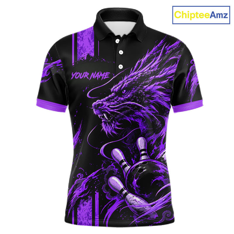 Personalized Black And Purple Dragon Bowling Shirts For Men, Dragon Bowling Team Shirts NBT1076