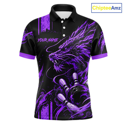 Personalized Black And Purple Dragon Bowling Shirts For Men, Dragon Bowling Team Shirts NBT1076
