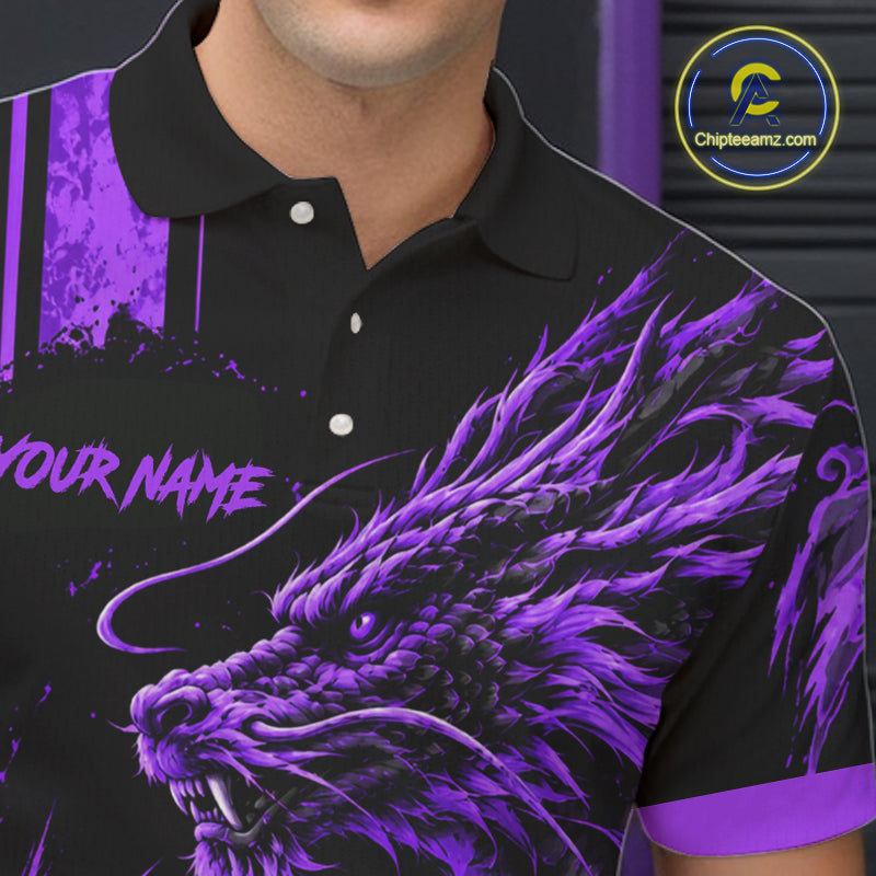 Personalized Black And Purple Dragon Bowling Shirts For Men, Dragon Bowling Team Shirts NBT1076