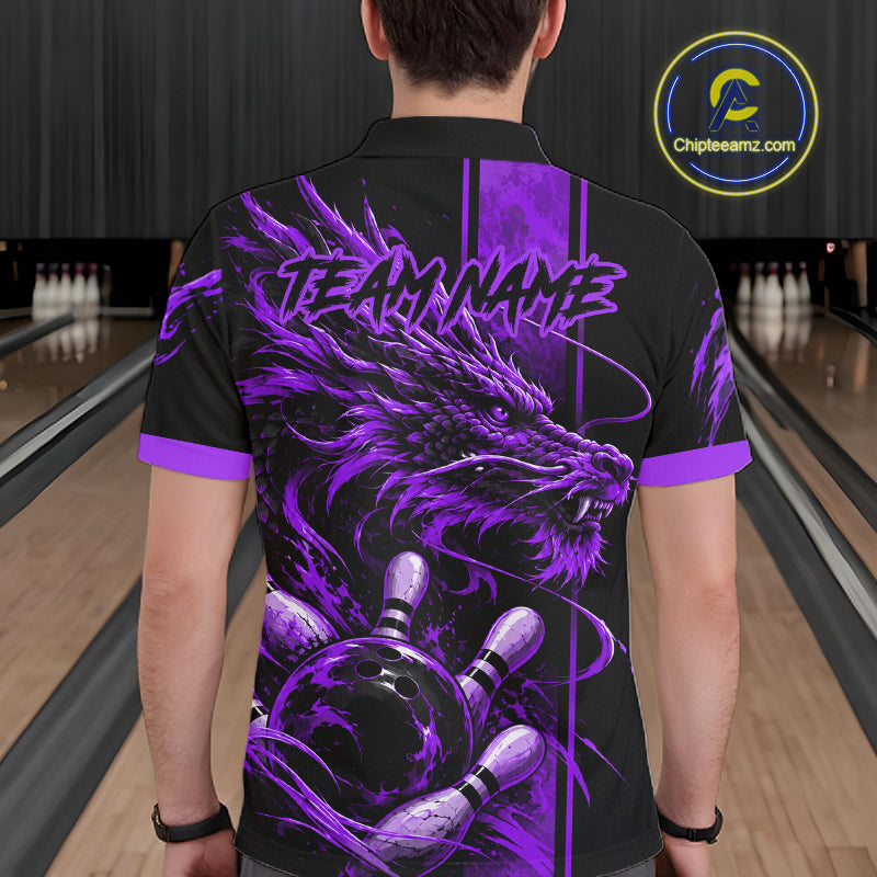 Personalized Black And Purple Dragon Bowling Shirts For Men, Dragon Bowling Team Shirts NBT1076