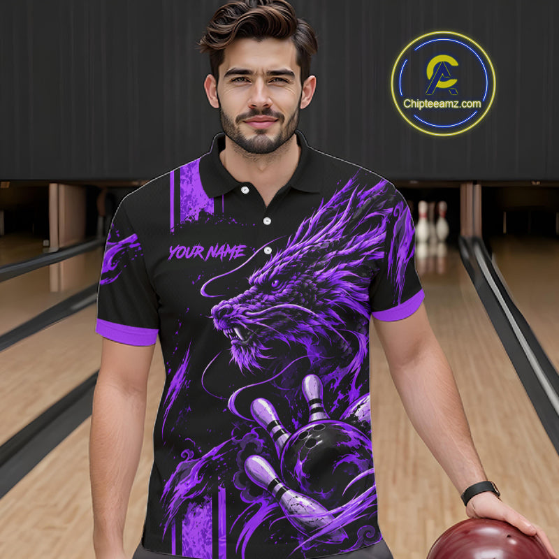 Personalized Black And Purple Dragon Bowling Shirts For Men, Dragon Bowling Team Shirts NBT1076