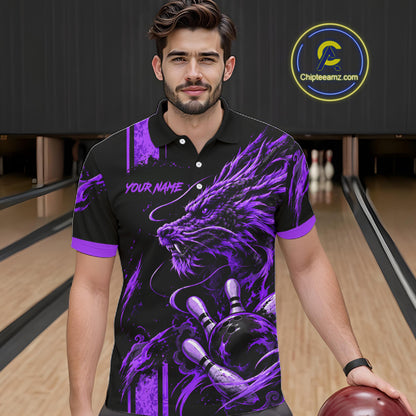 Personalized Black And Purple Dragon Bowling Shirts For Men, Dragon Bowling Team Shirts NBT1076