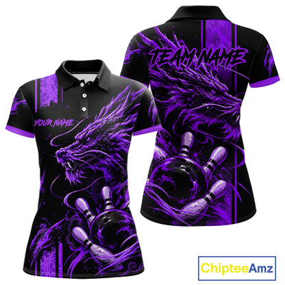 Personalized Black And Purple Dragon Bowling Shirts For Women, Dragon Bowling Team Shirts NBT1076