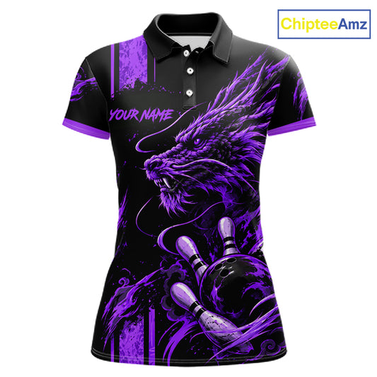 Personalized Black And Purple Dragon Bowling Shirts For Women, Dragon Bowling Team Shirts NBT1076