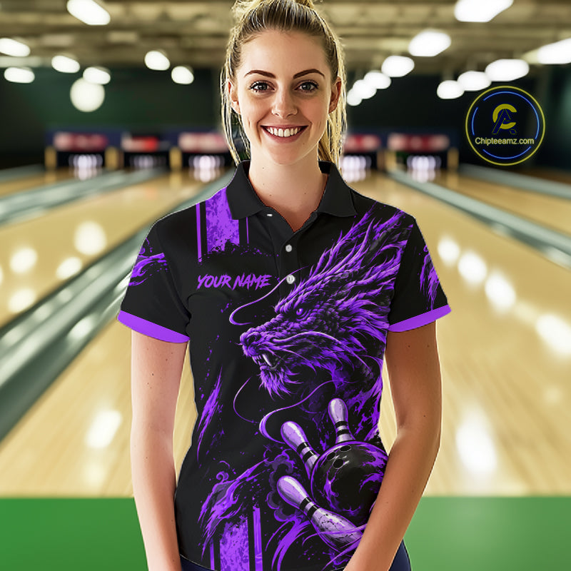 Personalized Black And Purple Dragon Bowling Shirts For Women, Dragon Bowling Team Shirts NBT1076