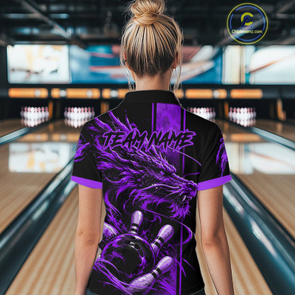 Personalized Black And Purple Dragon Bowling Shirts For Women, Dragon Bowling Team Shirts NBT1076
