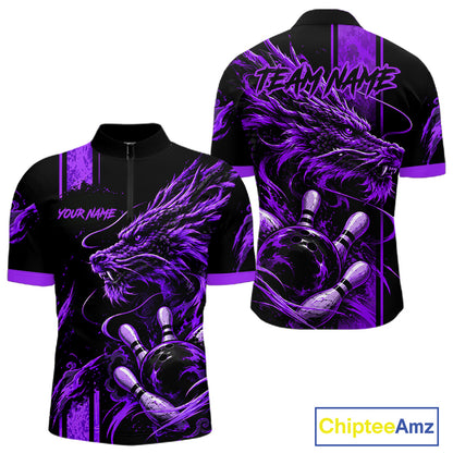 Personalized Black And Purple Dragon Bowling Shirts For Men, Dragon Bowling Team Shirts NBT1076