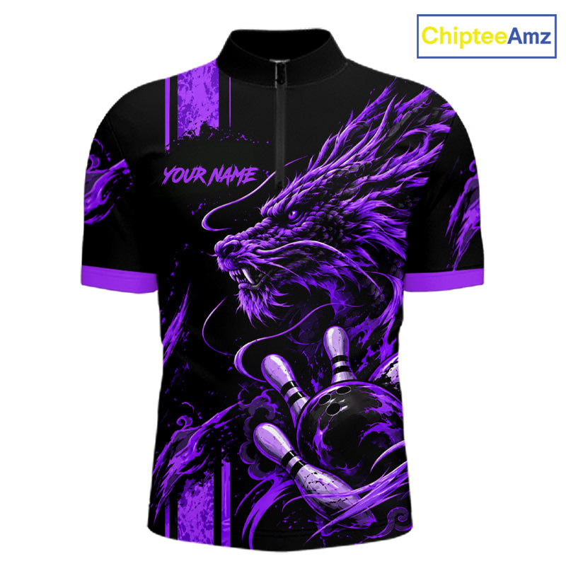 Personalized Black And Purple Dragon Bowling Shirts For Men, Dragon Bowling Team Shirts NBT1076
