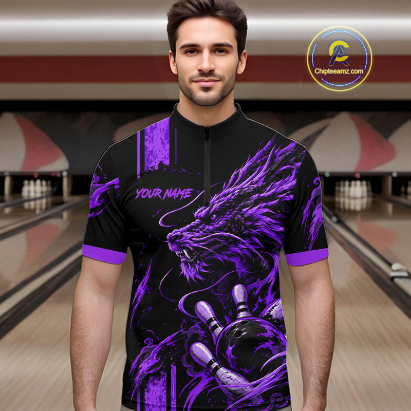 Personalized Black And Purple Dragon Bowling Shirts For Men, Dragon Bowling Team Shirts NBT1076