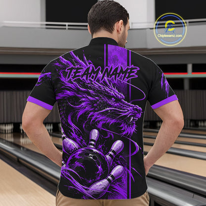 Personalized Black And Purple Dragon Bowling Shirts For Men, Dragon Bowling Team Shirts NBT1076