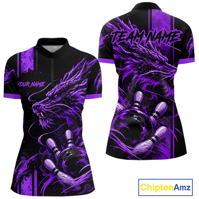 Personalized Black And Purple Dragon Bowling Shirts For Women, Dragon Bowling Team Shirts NBT1076