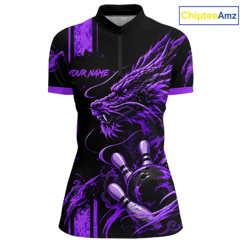 Personalized Black And Purple Dragon Bowling Shirts For Women, Dragon Bowling Team Shirts NBT1076