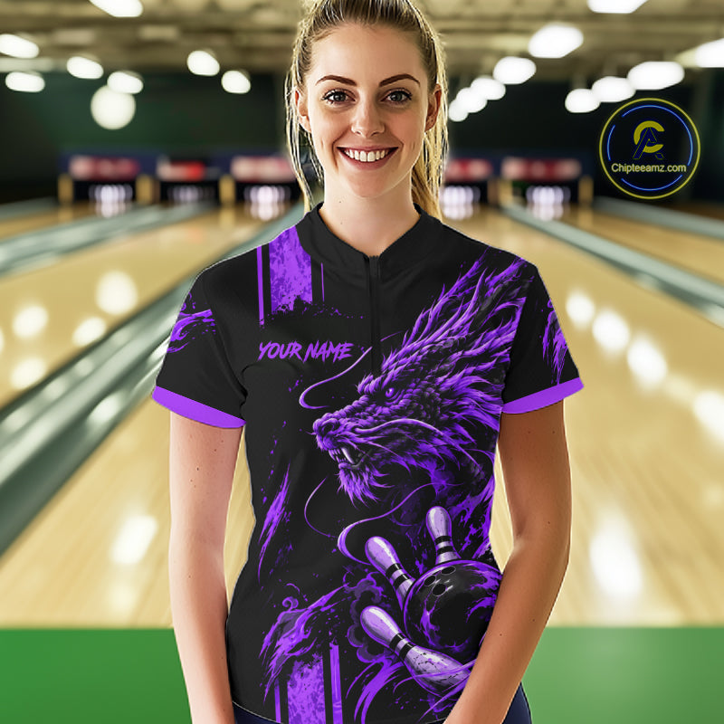 Personalized Black And Purple Dragon Bowling Shirts For Women, Dragon Bowling Team Shirts NBT1076