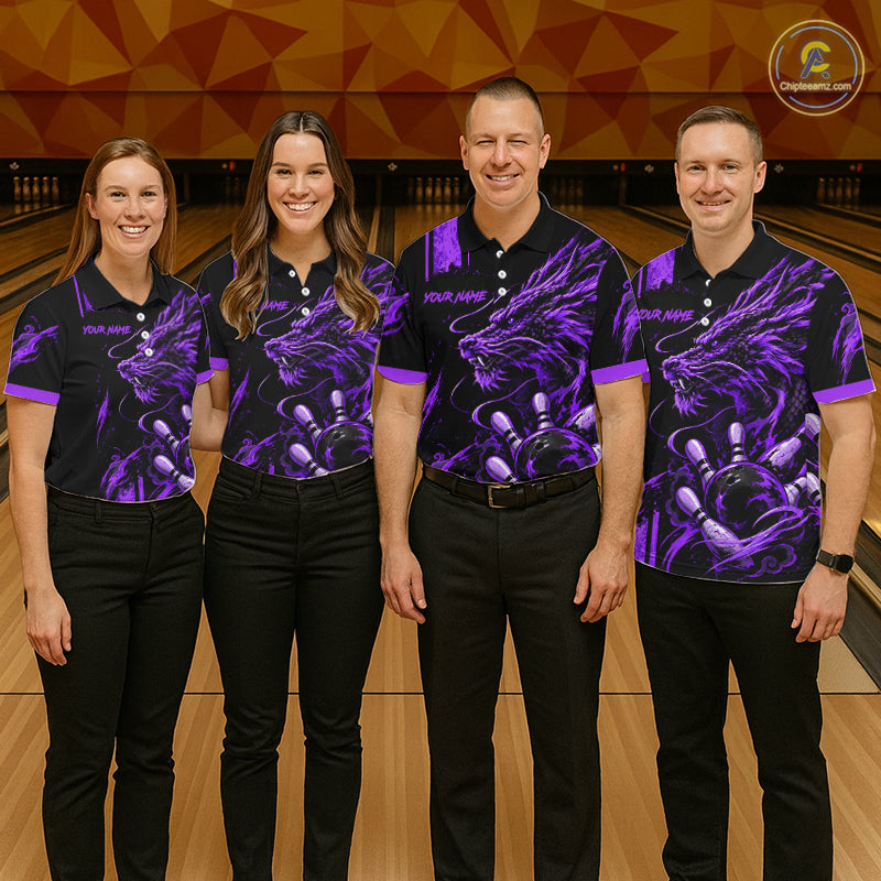 Personalized Black And Purple Dragon Bowling Shirts For Men, Dragon Bowling Team Shirts NBT1076