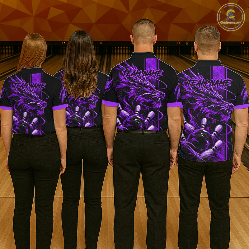 Personalized Black And Purple Dragon Bowling Shirts For Men, Dragon Bowling Team Shirts NBT1076