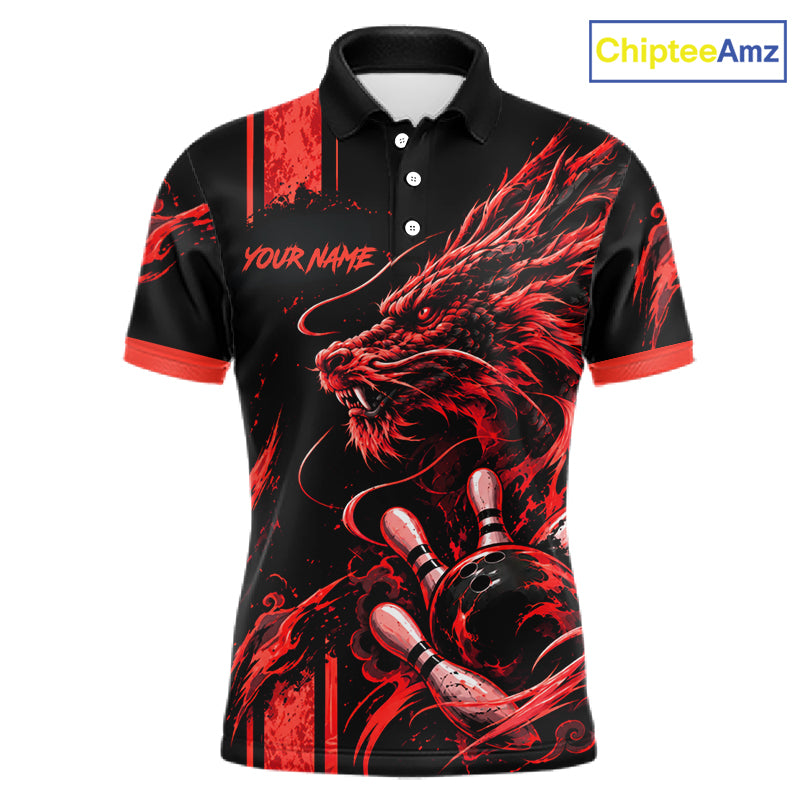 Personalized Black And Red Dragon Bowling Shirts For Men, Dragon Bowling Team Shirts NBT1077