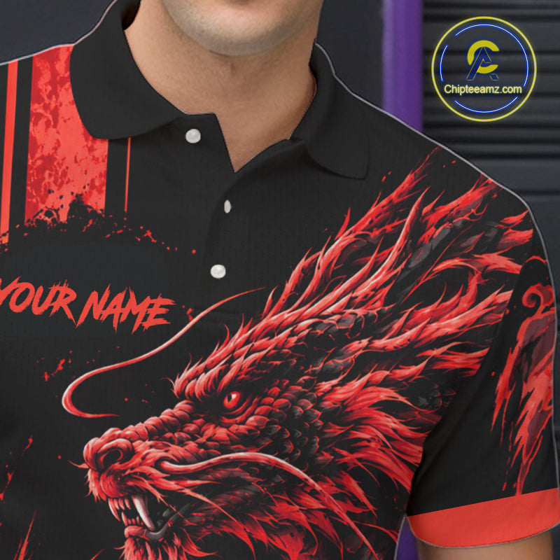 Personalized Black And Red Dragon Bowling Shirts For Men, Dragon Bowling Team Shirts NBT1077