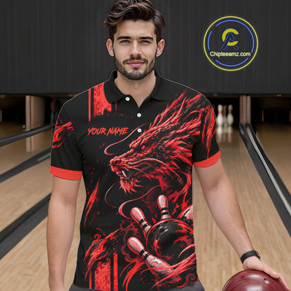 Personalized Black And Red Dragon Bowling Shirts For Men, Dragon Bowling Team Shirts NBT1077