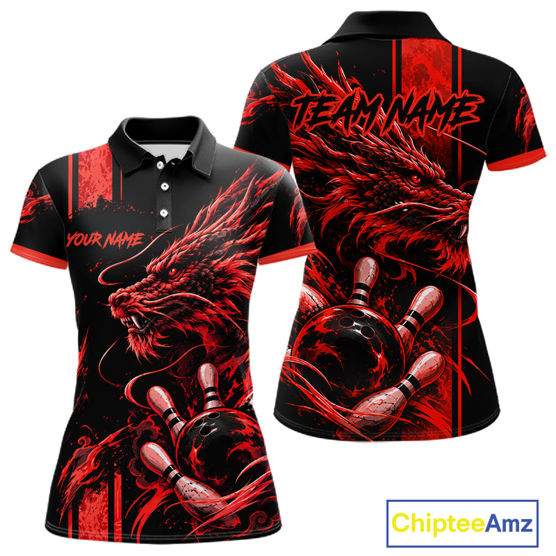 Personalized Black And Red Dragon Bowling Shirts For Women, Dragon Bowling Team Shirts NBT1077