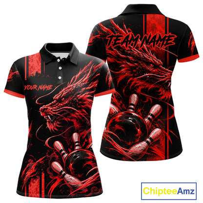 Personalized Black And Red Dragon Bowling Shirts For Women, Dragon Bowling Team Shirts NBT1077