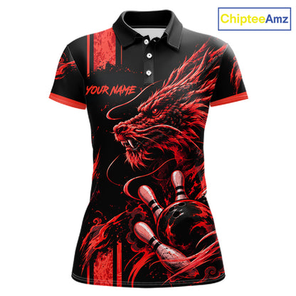 Personalized Black And Red Dragon Bowling Shirts For Women, Dragon Bowling Team Shirts NBT1077
