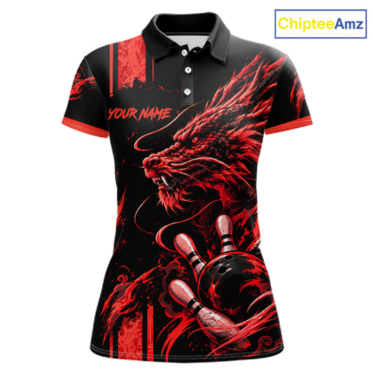 Personalized Black And Red Dragon Bowling Shirts For Women, Dragon Bowling Team Shirts NBT1077