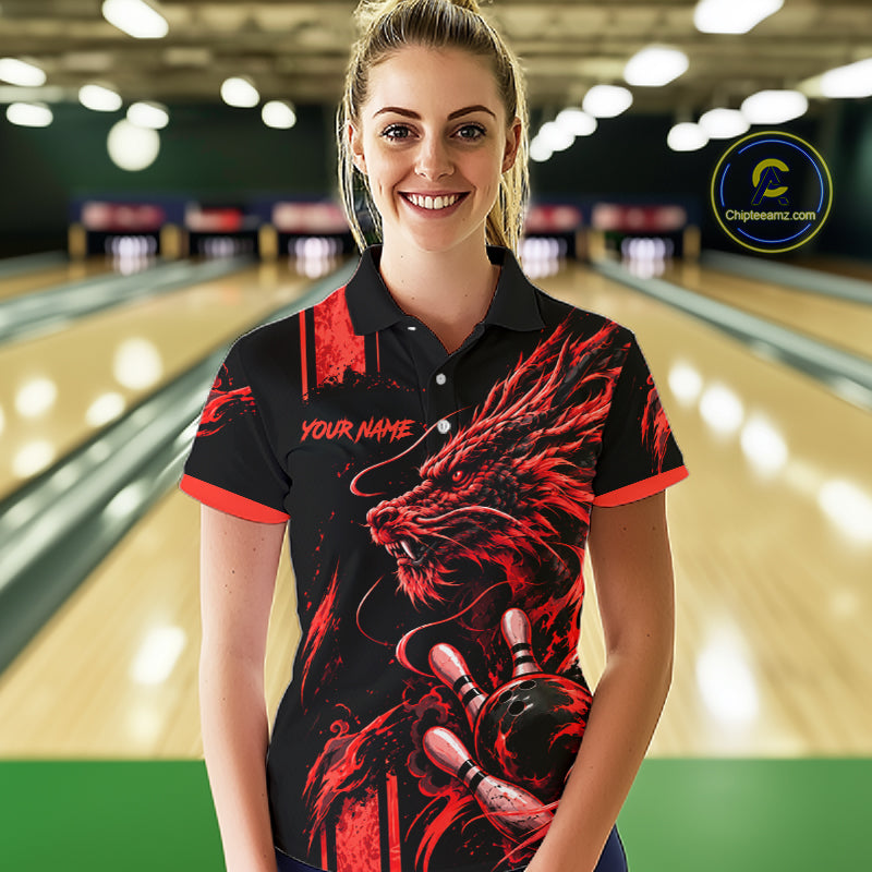 Personalized Black And Red Dragon Bowling Shirts For Women, Dragon Bowling Team Shirts NBT1077