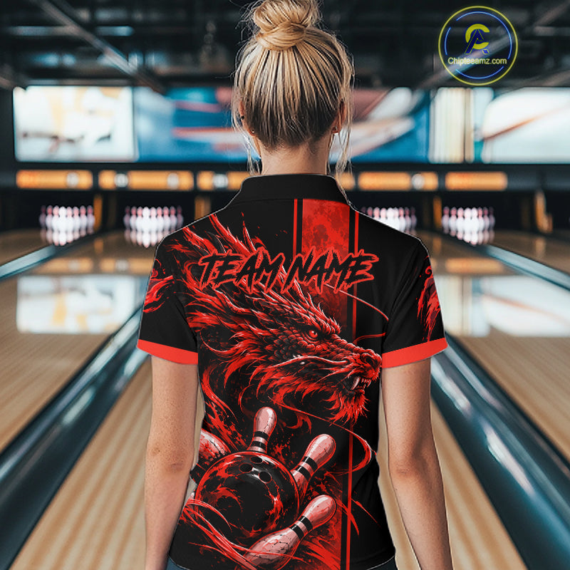 Personalized Black And Red Dragon Bowling Shirts For Women, Dragon Bowling Team Shirts NBT1077