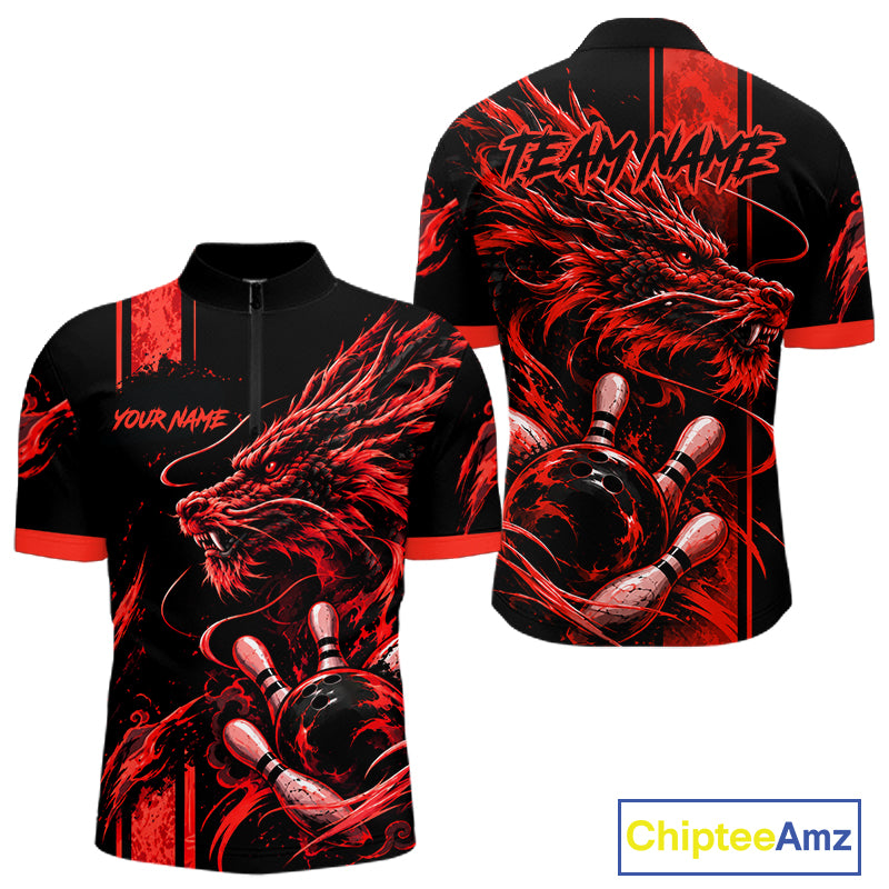 Personalized Black And Red Dragon Bowling Shirts For Men, Dragon Bowling Team Shirts NBT1077