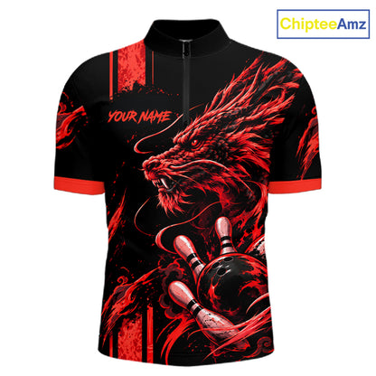 Personalized Black And Red Dragon Bowling Shirts For Men, Dragon Bowling Team Shirts NBT1077