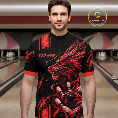 Personalized Black And Red Dragon Bowling Shirts For Men, Dragon Bowling Team Shirts NBT1077