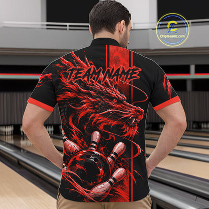 Personalized Black And Red Dragon Bowling Shirts For Men, Dragon Bowling Team Shirts NBT1077
