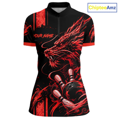 Personalized Black And Red Dragon Bowling Shirts For Women, Dragon Bowling Team Shirts NBT1077