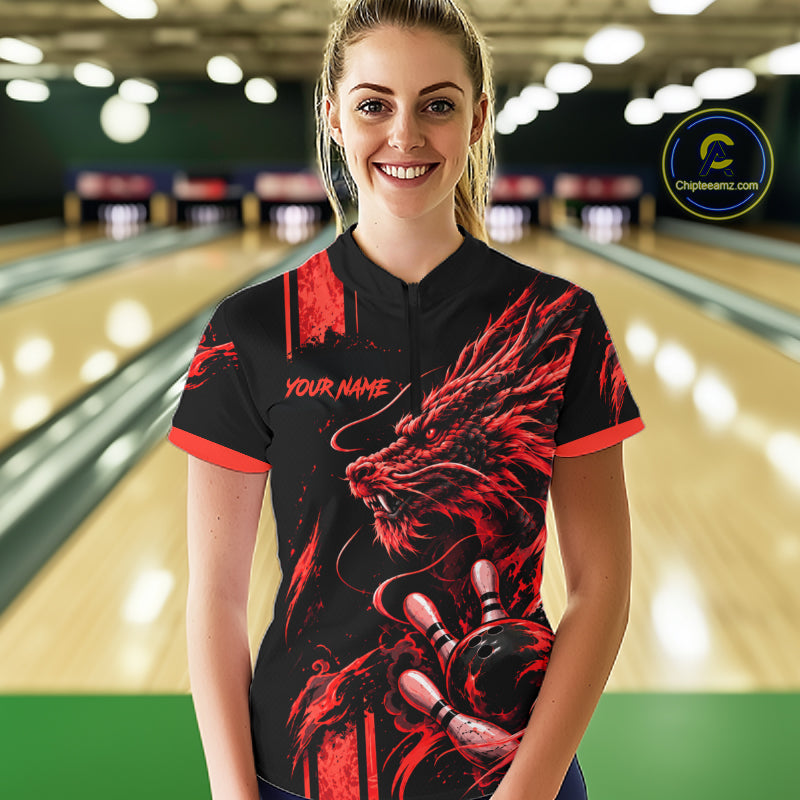 Personalized Black And Red Dragon Bowling Shirts For Women, Dragon Bowling Team Shirts NBT1077