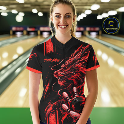 Personalized Black And Red Dragon Bowling Shirts For Women, Dragon Bowling Team Shirts NBT1077