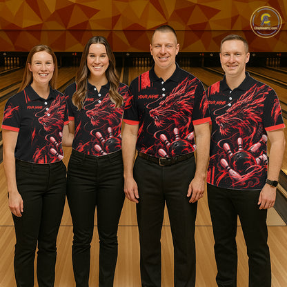 Personalized Black And Red Dragon Bowling Shirts For Men, Dragon Bowling Team Shirts NBT1077