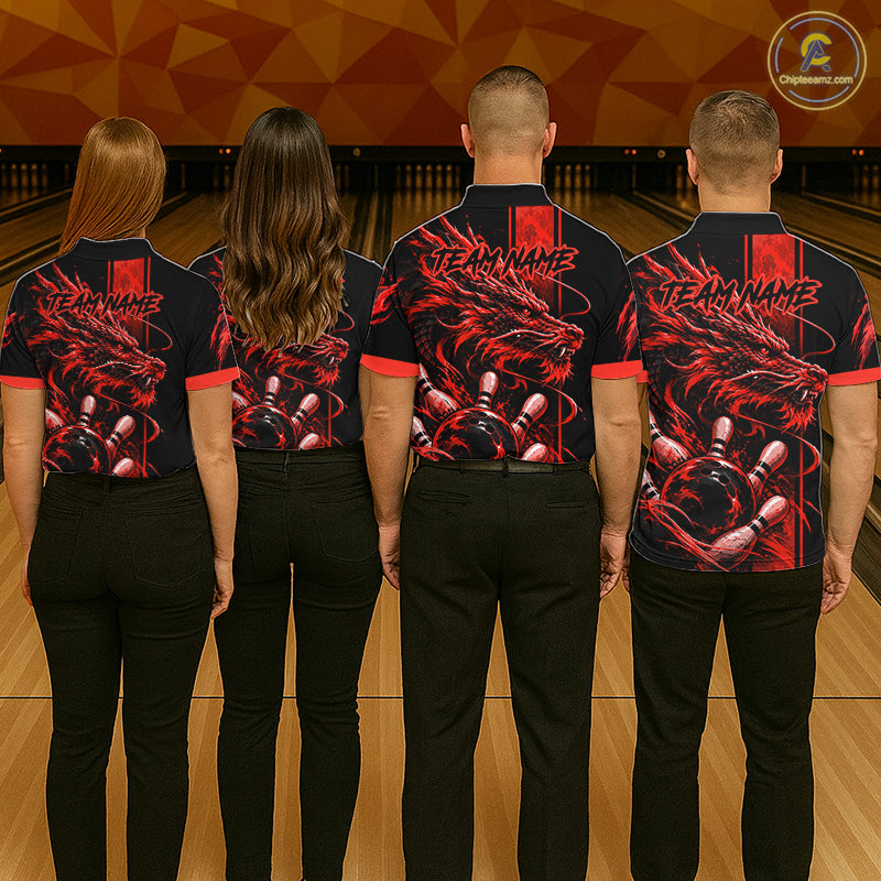 Personalized Black And Red Dragon Bowling Shirts For Men, Dragon Bowling Team Shirts NBT1077