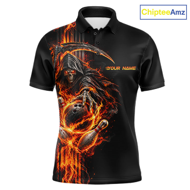 Custom Black Fire Flame Skull Reaper Men Bowling Team Shirts, Personalized Skull Bowling Gifts NBT1082