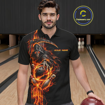 Custom Black Fire Flame Skull Reaper Men Bowling Team Shirts, Personalized Skull Bowling Gifts NBT1082