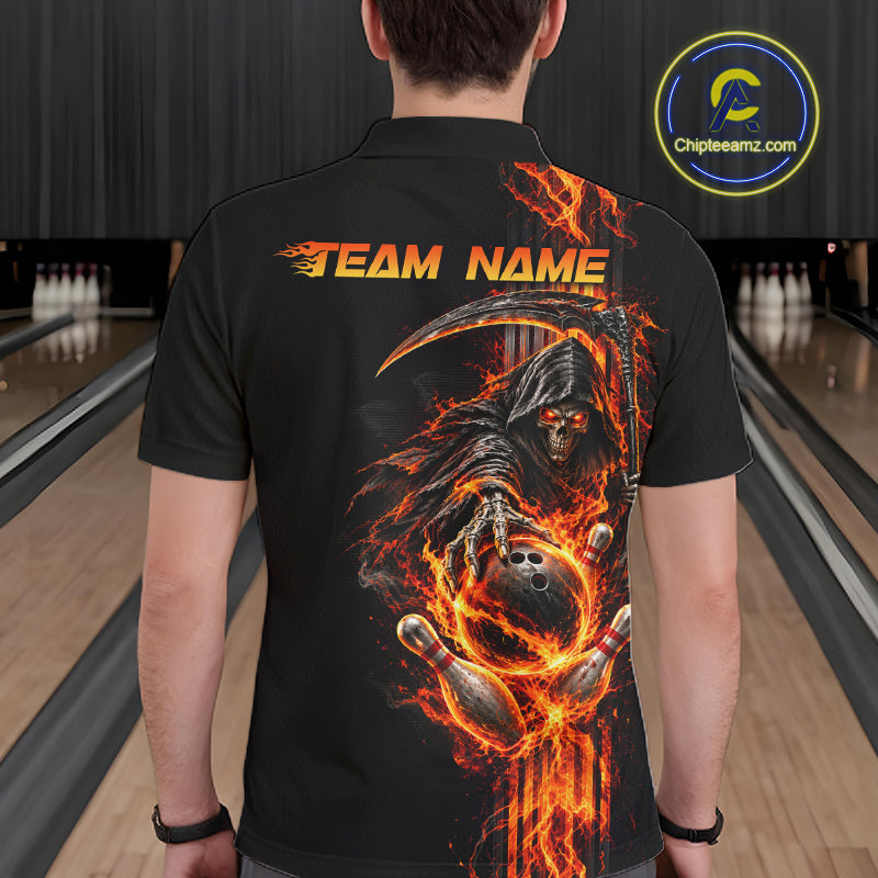 Custom Black Fire Flame Skull Reaper Men Bowling Team Shirts, Personalized Skull Bowling Gifts NBT1082