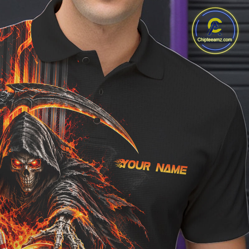 Custom Black Fire Flame Skull Reaper Men Bowling Team Shirts, Personalized Skull Bowling Gifts NBT1082