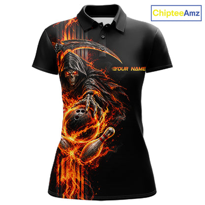 Custom Black Fire Flame Skull Reaper Women Bowling Team Shirts, Personalized Skull Bowling Gifts NBT1082