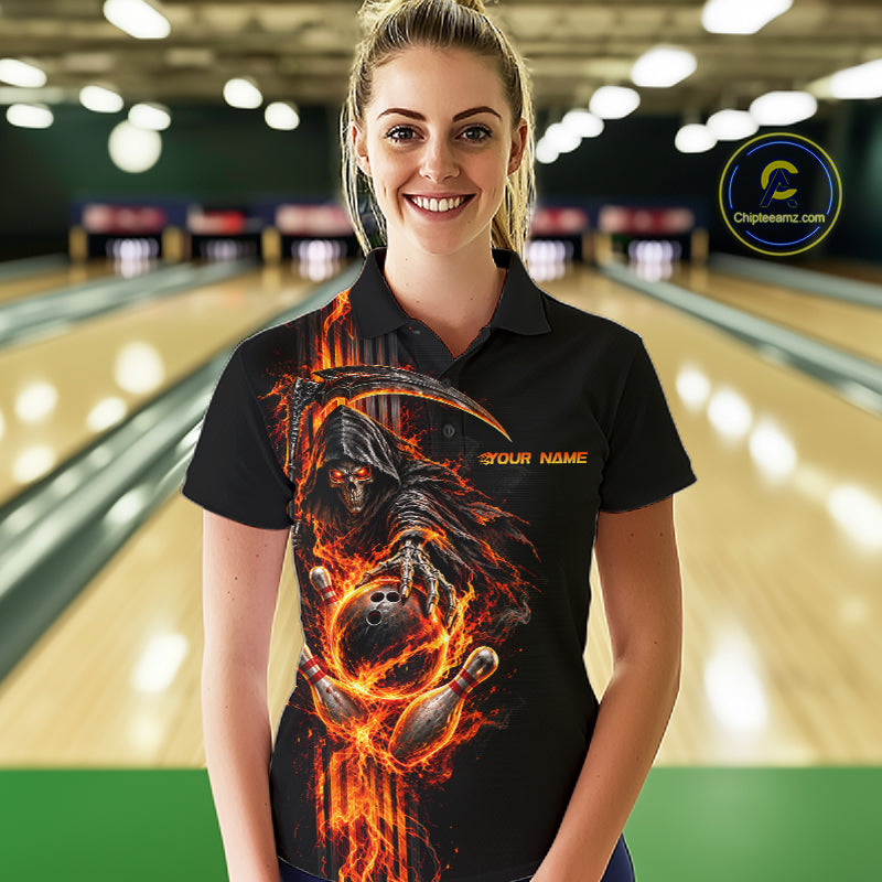Custom Black Fire Flame Skull Reaper Women Bowling Team Shirts, Personalized Skull Bowling Gifts NBT1082