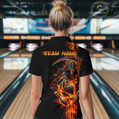 Custom Black Fire Flame Skull Reaper Women Bowling Team Shirts, Personalized Skull Bowling Gifts NBT1082