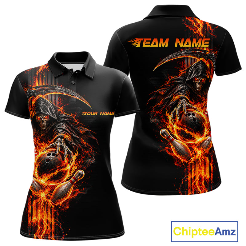 Custom Black Fire Flame Skull Reaper Women Bowling Team Shirts, Personalized Skull Bowling Gifts NBT1082