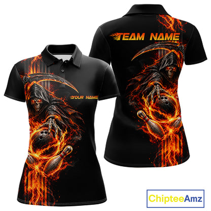 Custom Black Fire Flame Skull Reaper Women Bowling Team Shirts, Personalized Skull Bowling Gifts NBT1082