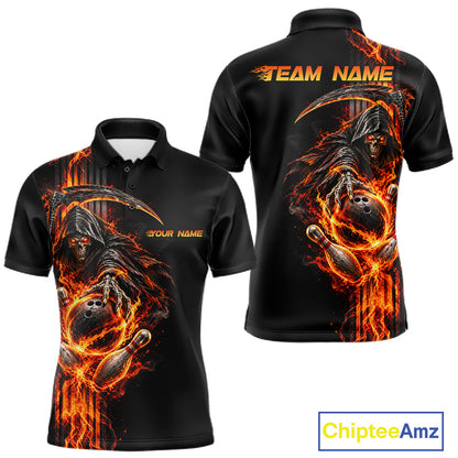 Custom Black Fire Flame Skull Reaper Men Bowling Team Shirts, Personalized Skull Bowling Gifts NBT1082