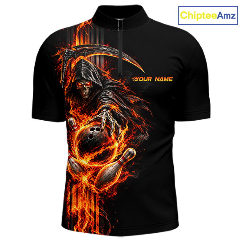 Custom Black Fire Flame Skull Reaper Men Bowling Team Shirts, Personalized Skull Bowling Gifts NBT1082